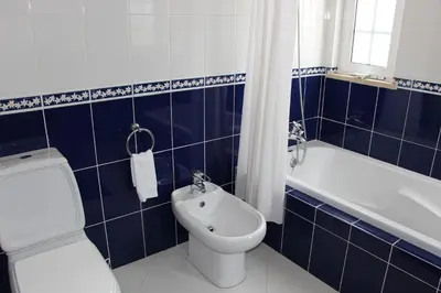 a blue and white bathroom with a toilet and a bath tub at Casa Alves - Villa with private heated swimming pool in Olhos de Água