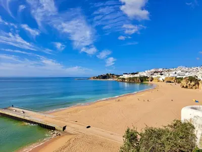 a view of a beach with a pier and the ocean at Albuera Villa in Albufeira