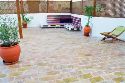 a patio with a couch and a chair and plants at Casa aOrta in Faro