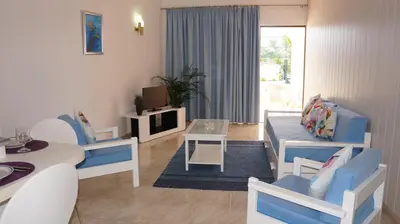 a living room with blue and white chairs and a couch at FLOR DO VALE - APARTAMENTOS TURISTICOS in Guia