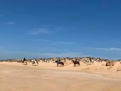 a group of people riding horses on the beach at Salgados Beach and Relax in Guia