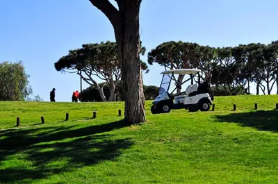 a golf cart parked next to a tree in a field at Villa Vale Do Lobo 2 Townhouse 3 Bedroom Close To Amenities And Beach in Vale do Lobo