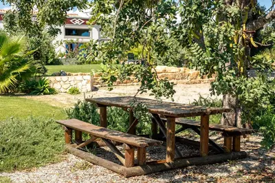 a wooden picnic table sitting under a tree at Villa Rodrigues in Boliqueime