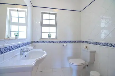 a white bathroom with a toilet and a sink at Villa Azul in Guia