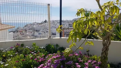 a view of a city from a garden with flowers at Beach lovers apartment 26 in Albufeira