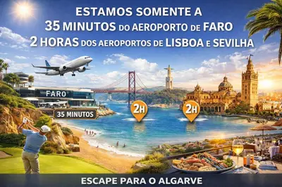 a flyer for an airport with a picture of a city at Heated Pool 6 Bedroom Private Villa in Center of Olhos de Água in Albufeira