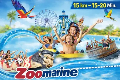 a poster for a water park with a group of people on a water slide at Heated Pool 6 Bedroom Private Villa in Center of Olhos de Água in Albufeira