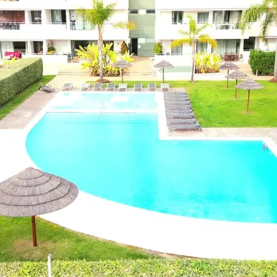 a swimming pool with a palm tree and umbrellas at Divine Vilamoura Aquamar 106 by JG Apartments in Vilamoura
