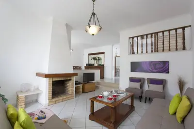 a living room with a couch and a fireplace at Villa Gale Palm by Villa Plus in Albufeira