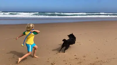 a girl playing with a dog on the beach at Casa da Praia in Albufeira