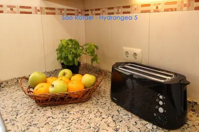 a basket of fruit on a counter next to a toaster at São Rafael - Hydrangea 5, Apt. T2 - Albufeira in Albufeira