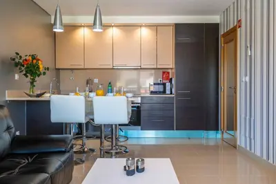 a living room with a couch and a kitchen at T2 Eucalipto 2A by Algarneto in Olhos de Água
