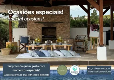 an advertisement for a patio with a table and pillows at ELLE Design Villa by OCvillas - Private Heated Pool and Jacuzzi in Albufeira