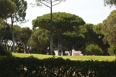 a park with trees and people walking in the grass at Casa de Gales - Vilamoura in Vilamoura