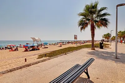 a bench on a beach with a palm tree at Quarteira Beach & Ocean View by Homing in Quarteira