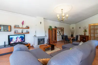a living room with a couch and a tv at Monte das Palmeiras in Loulé