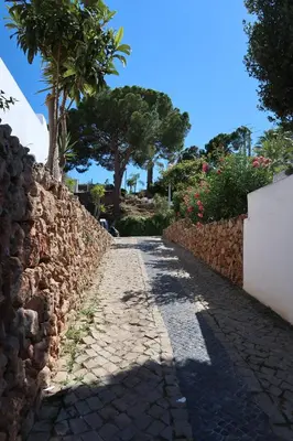 a stone path next to a stone wall with trees at Apartamento Surpresa in Albufeira