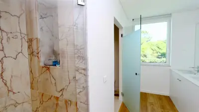 a bathroom with a shower and a sink at Villa Terese-CleverDetails, Central Vilamoura, Sleeps 6, luxury, walking distance in Vilamoura