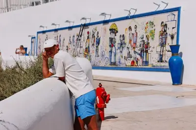 a man leaning against a wall next to a fire hydrant at Old Fisherman's Corner 18 - Centro Old Town Albufeira in Albufeira