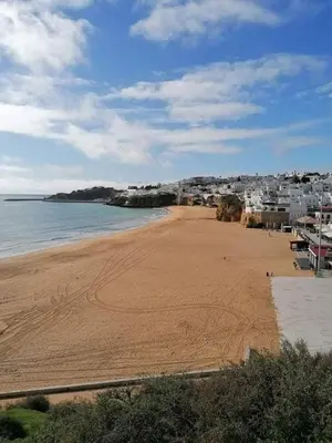 a view of a beach with buildings and the ocean at Terrace apartament on the Sea in Albufeira