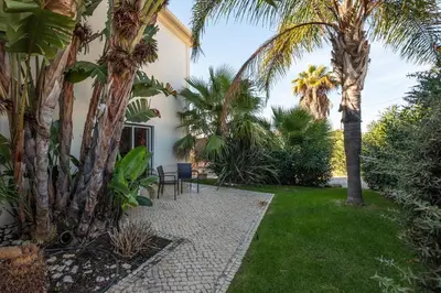 a garden with palm trees and a patio at Villa Cordeiro - Heated Pool - Free wi-fi - Air Con in Guia