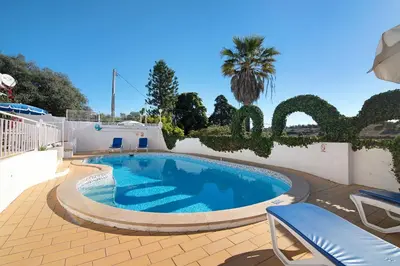 a swimming pool with chairs and a fence and a palm tree at Vila Caracol in Guia