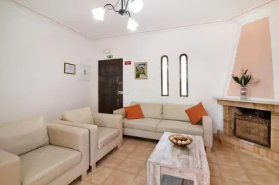 a living room with two couches and a fireplace at Vila Filipa in Guia