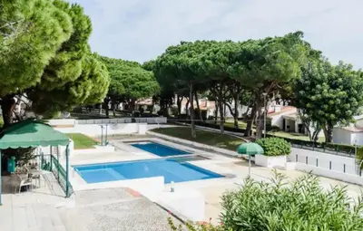 a swimming pool in a yard with trees at Casa da Bertha in Albufeira