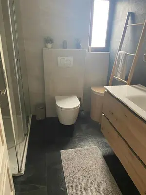 a bathroom with a toilet and a shower and a sink at Vue mer et piscine à 5 min à pied de Praia Sao Rafael Albufeira in Albufeira