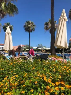 a group of people sitting in a field of flowers at Semanas 30 e 24 Vila Galé Cerro Alagoa in Albufeira