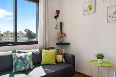 a living room with a couch and a window at Ouramar Apartment in Areias de São João