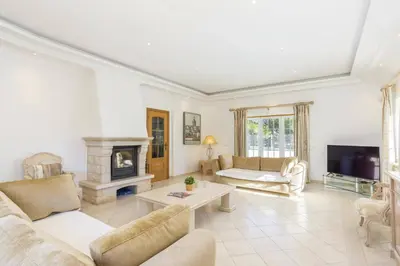 a living room with a couch and a fireplace at Villa Quinta dos Bicos by Villa Plus in Albufeira