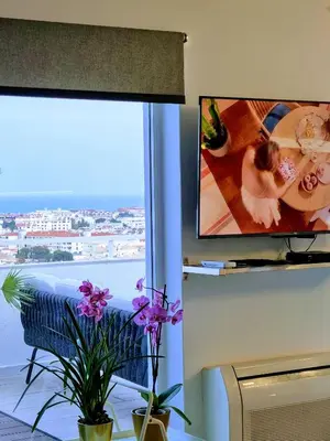 a living room with a window with a tv and flowers at Penthouse Rentalbufeira in Albufeira