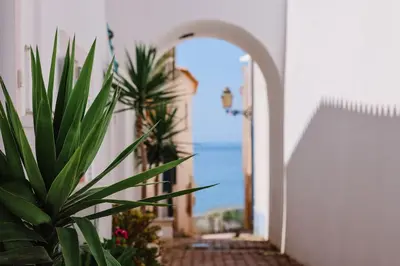 a hallway with an archway and a plant at Old Fisherman's Corner 14 - Centro Old Town Albufeira in Albufeira