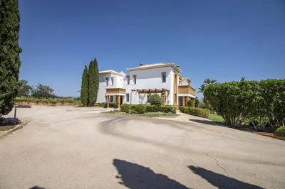 a large white house on a road with trees at Quinta Dionysus in Albufeira
