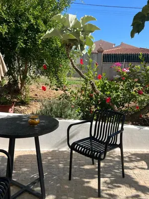 a table and a chair next to a table with flowers at Villa Tranberg Suites in Ferreiras