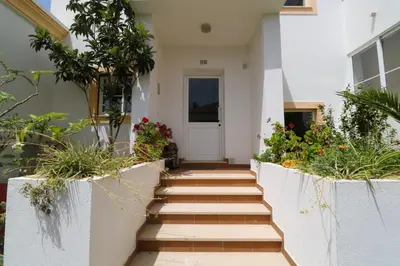 a house with a white door and stairs with plants at Apartamento Sea Shell in Albufeira