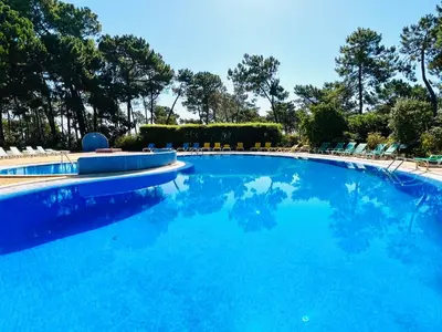 a large blue swimming pool with chairs and trees at Golden Blue Beach Falésia Apartment in Albufeira