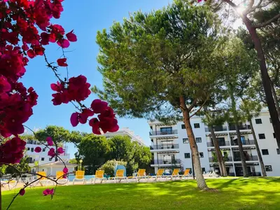 a park with chairs and a tree and a building at Golden Blue Beach Falésia Apartment in Albufeira