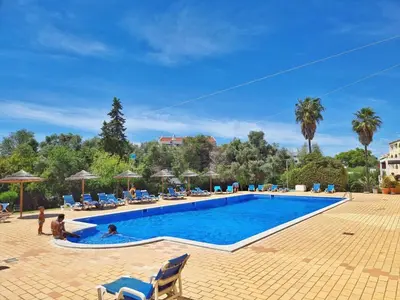 a large swimming pool with blue chairs and palm trees at #014 Mar & Praia Albufeira by Home Holidays in Albufeira