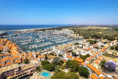 an aerial view of a harbor with boats at Penthouse Escape with Large Terrace, Pool & Garden in Quarteira