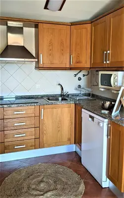 a kitchen with wooden cabinets and a white dishwasher at Casinha nas Açoteias in Olhos de Água
