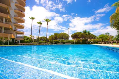a large swimming pool with palm trees and a building at Apartamento Varandas do Sol in Vilamoura