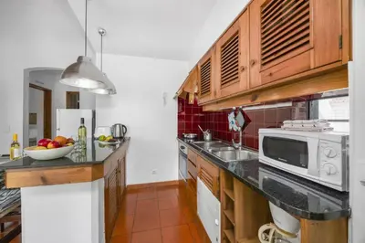 a kitchen with a sink and a microwave at Villa Sunshine by Villa Plus in Albufeira