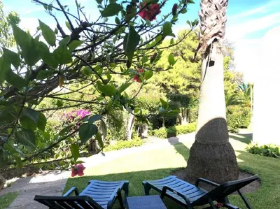 two chairs sitting in the grass under a tree at The Albufeira Concierge - Moinho Pool & Gardens in Albufeira