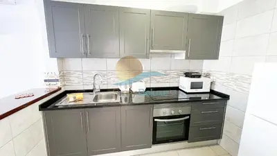 a kitchen with gray cabinets and a sink and a microwave at Apartamentos Oura AreiaSol by Sunny Deluxe in Albufeira