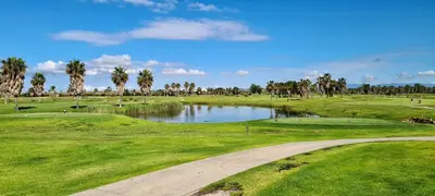 a golf course with a pond and palm trees at Albufeira, Modern Sea View Home 33 in Albufeira