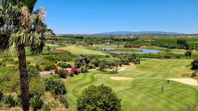 a view of a golf course with a palm tree at Albufeira, Modern Sea View Home 33 in Albufeira