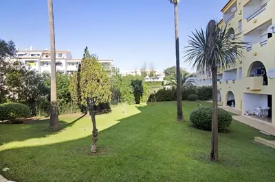 a park with palm trees in front of a building at Apartamento AnaMar by Sunnyway in Albufeira