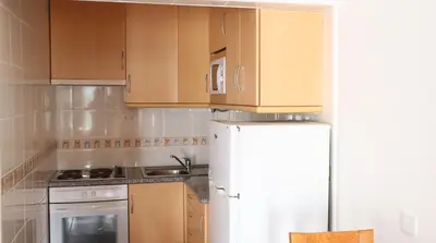 a kitchen with wooden cabinets and a white refrigerator at Visconde By Albufeira Rental in Albufeira